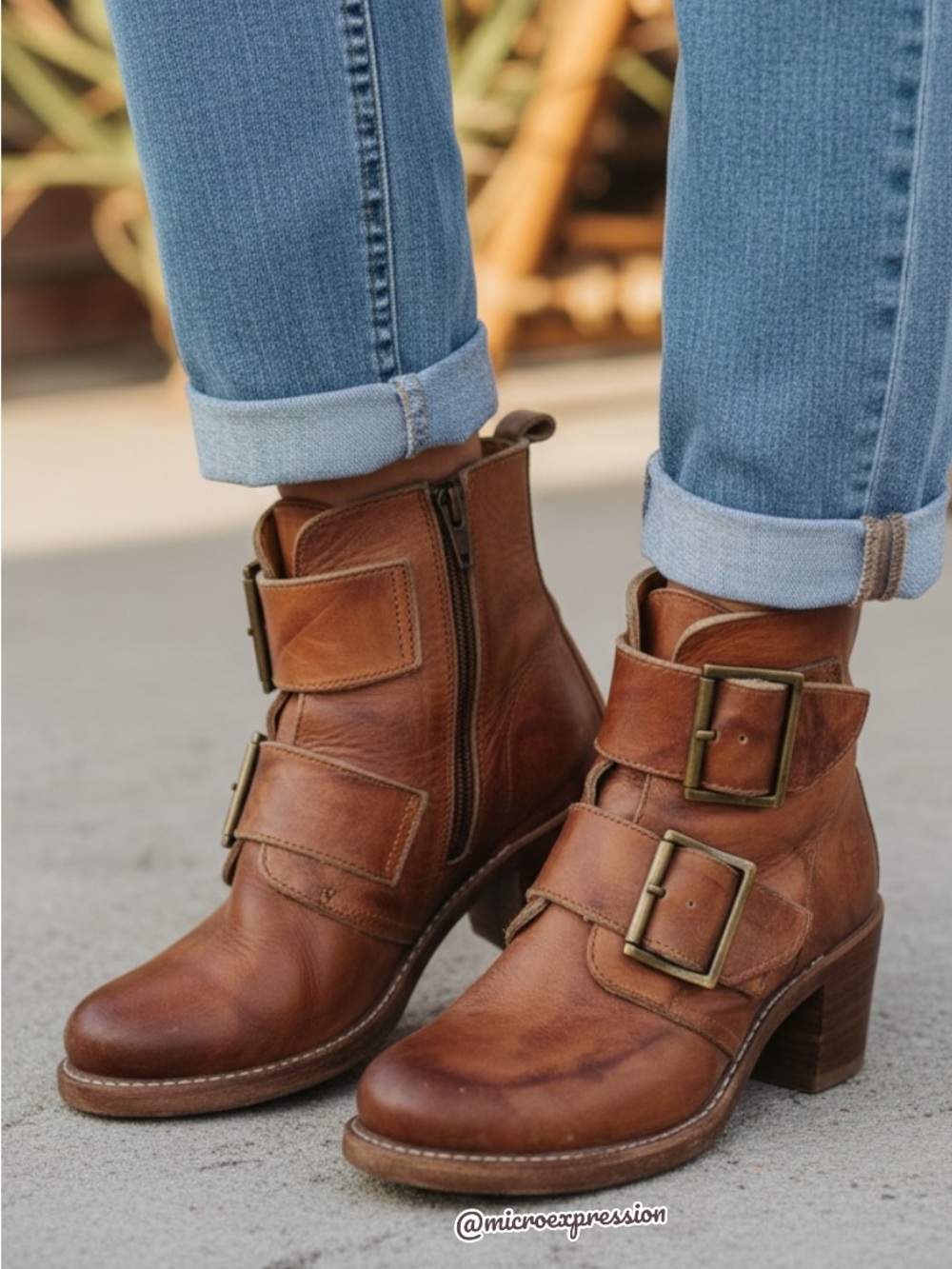 Frye Sabrina Double Buckle Academia Cognac Real Leather Block Heel Ankle Booties - Picture 2 of 14